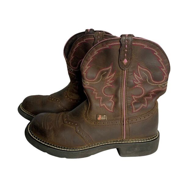 Justin Gypsy Western Boots 10 B Brown Leather Top Stitch Round Toe Rubber Sole - Picture 1 of 9
